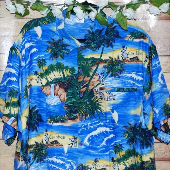 Rima Men's Blue Hawaiian Shirt Size XXL Silky Touch Button Up Pocket Caribbean - Picture 2 of 10